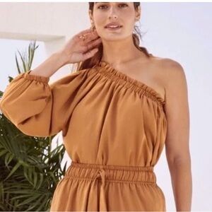 Evereve Shane One-Shoulder Ruched Burnt Gold Blouse, Size XS